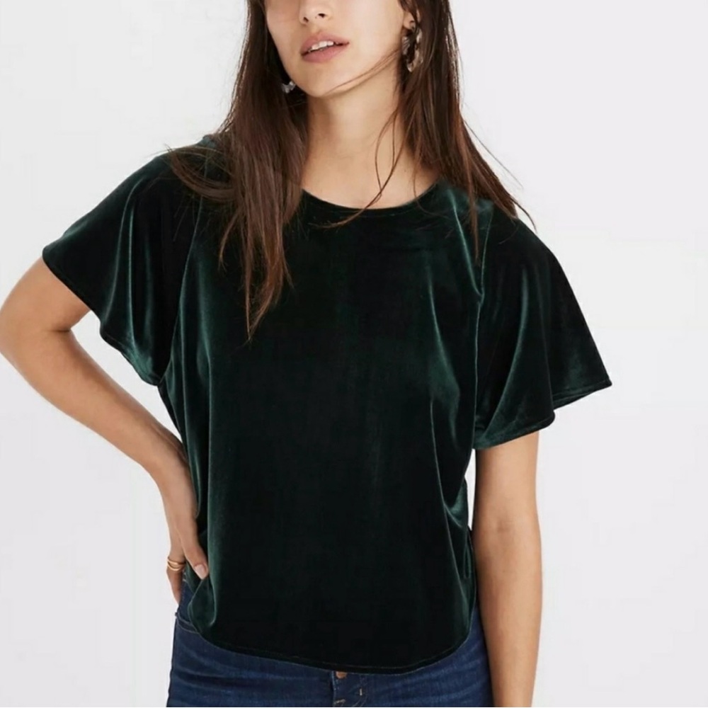 Madewell Green Velvet Butterfly Flutter Sleeve Top - NWOT